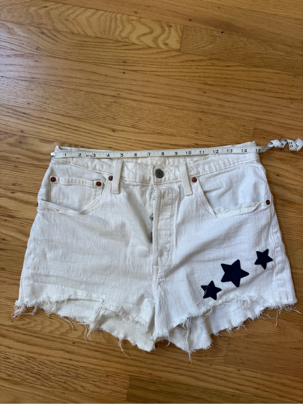 White Denim High-Rise Women’s Shorts with Navy Star Details